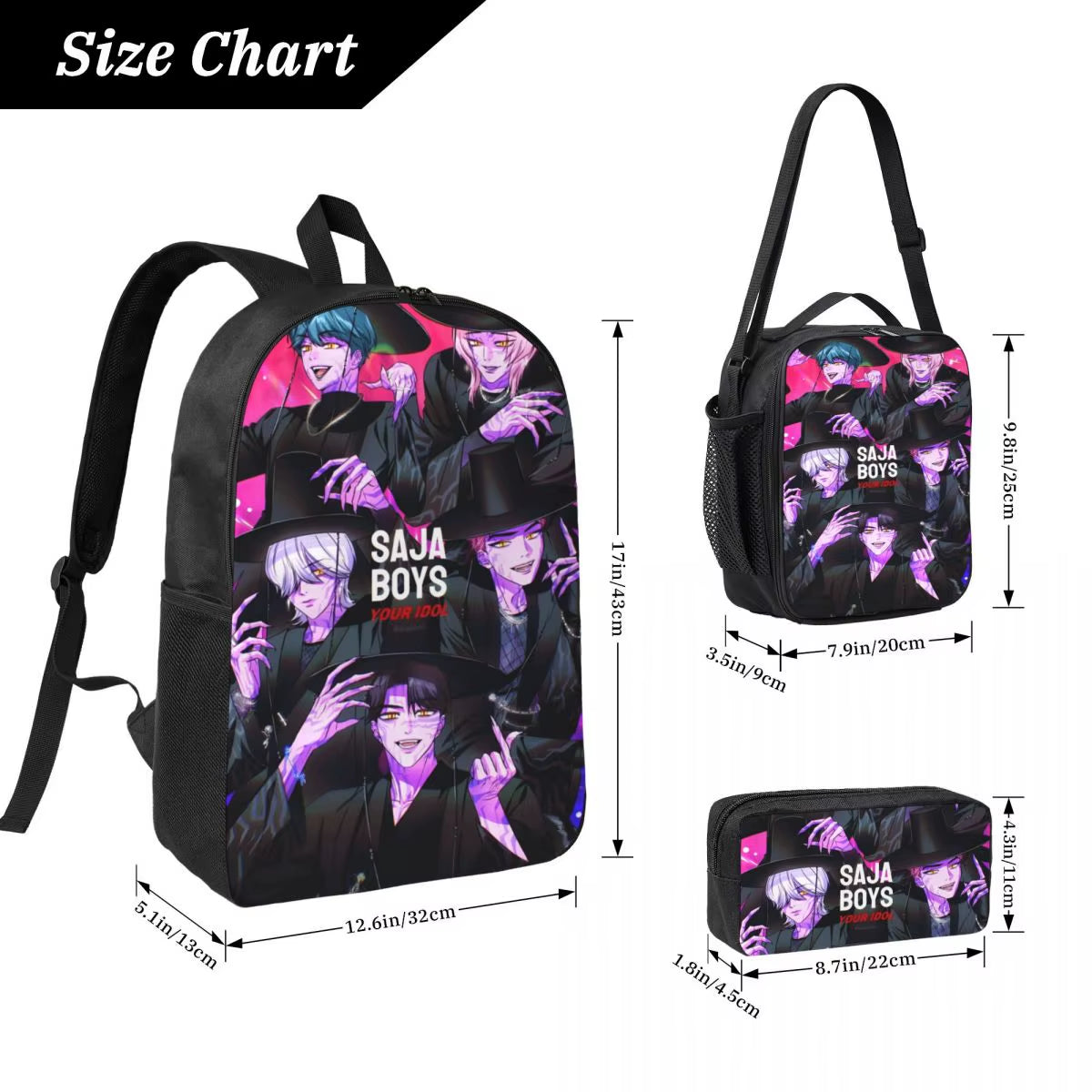 K-Pop Krusaders: Saja Boys' Backpack Bonanza with Snack Attack Lunch Box and Pencil Power!